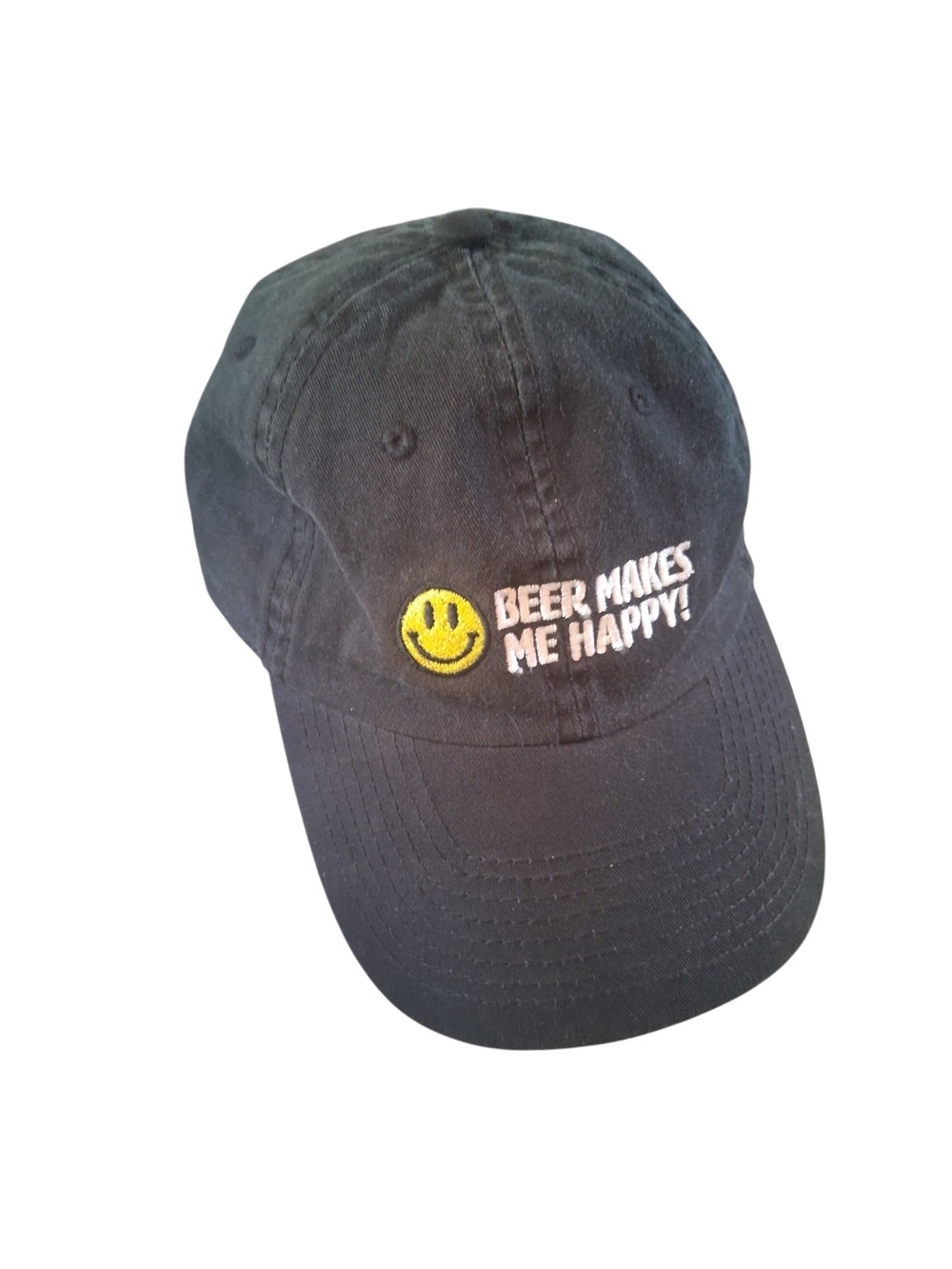 Black Vintage 'Beer Makes Me Happy' Baseball Cap with Happy Face/Adjustable